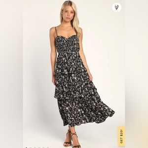 Lulus Cascading Crush Black Floral Print Tiered Bustier Midi Dress